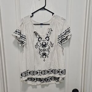 Old Navy White Blouse with Black Embroidery